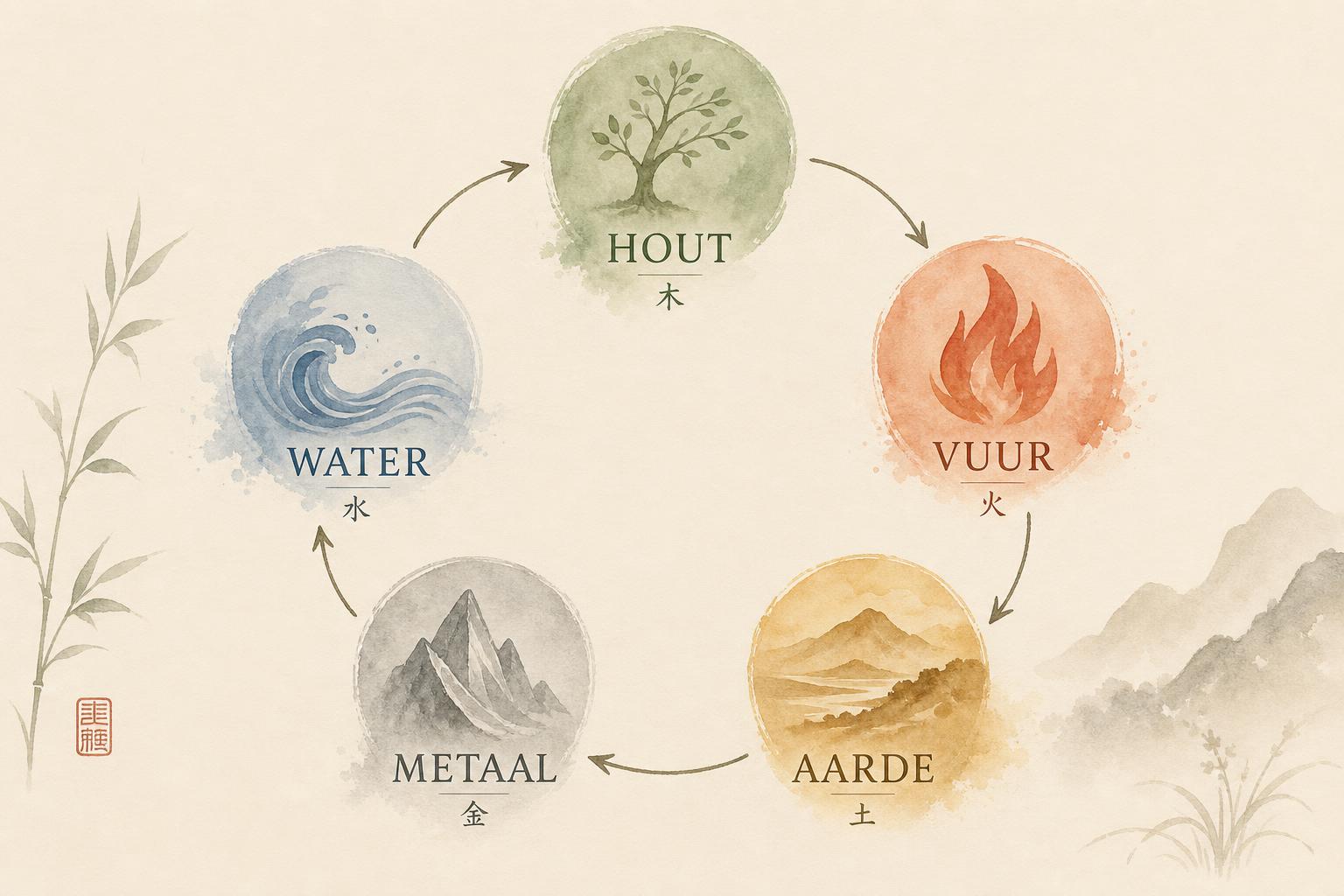 De vijf elementen — Hout, Vuur, Aarde, Metaal en Water — in een cyclus
