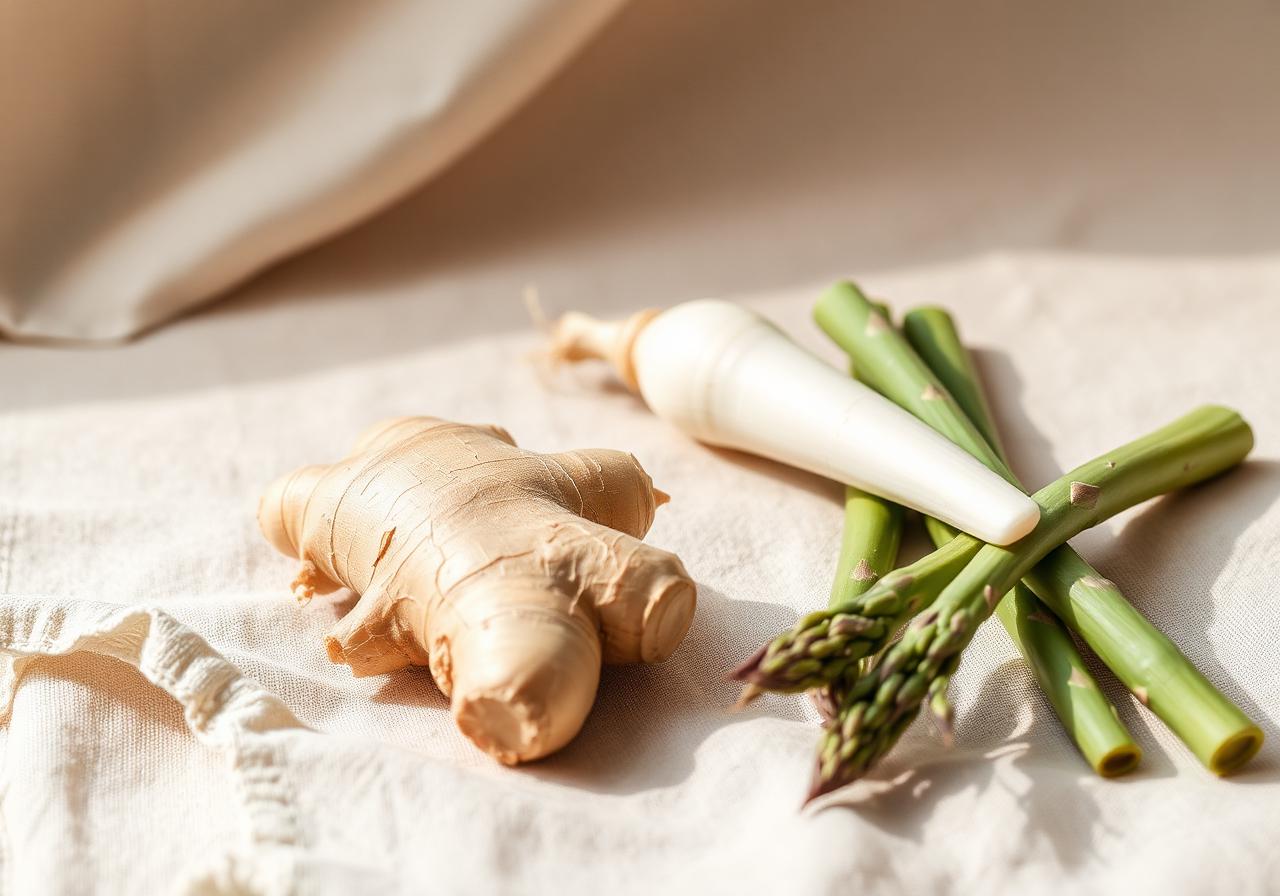 Gember, witte rettich en asperges op linnen — element Metaal