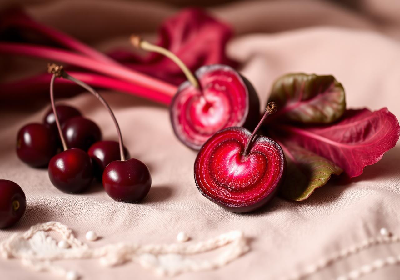 Kersen, biet en radicchio op linnen — element Vuur