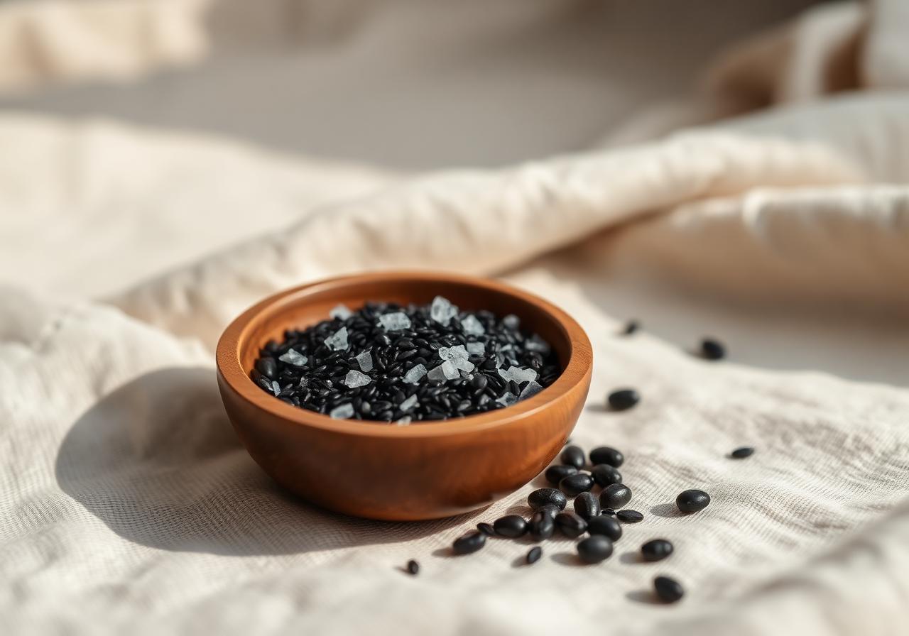 Schaaltje met zwarte sesam, zeezout en bonen op linnen — element Water